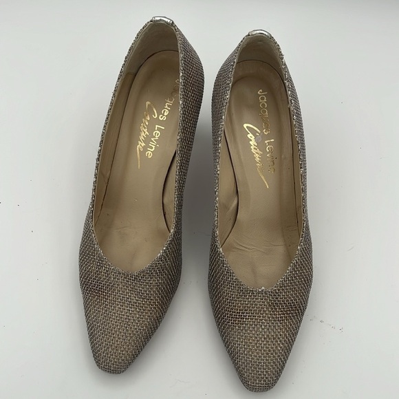 Jacques Levine Couture silver metal screen pointed toe leather pumps 7B - Picture 3 of 9